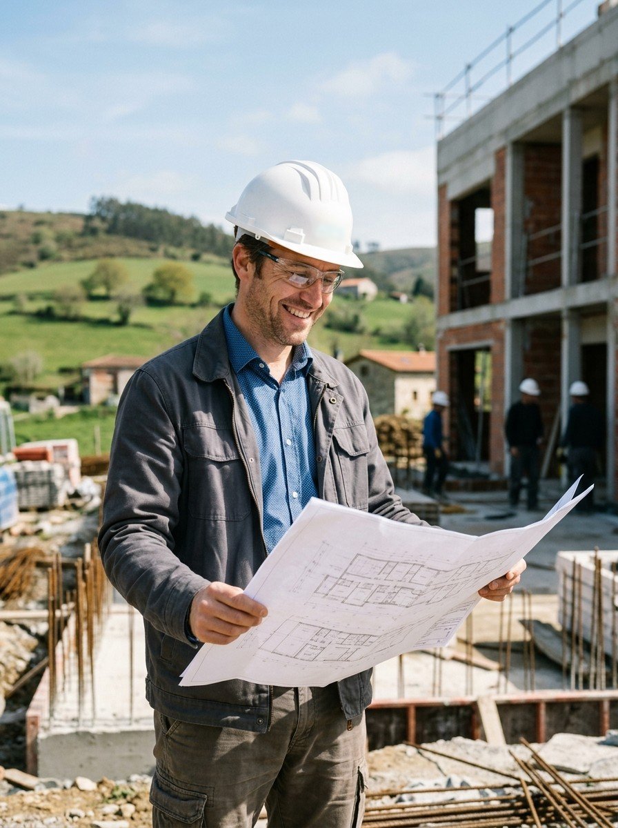 Un arquitecto sonríe mientras revisa los planos en la obra
