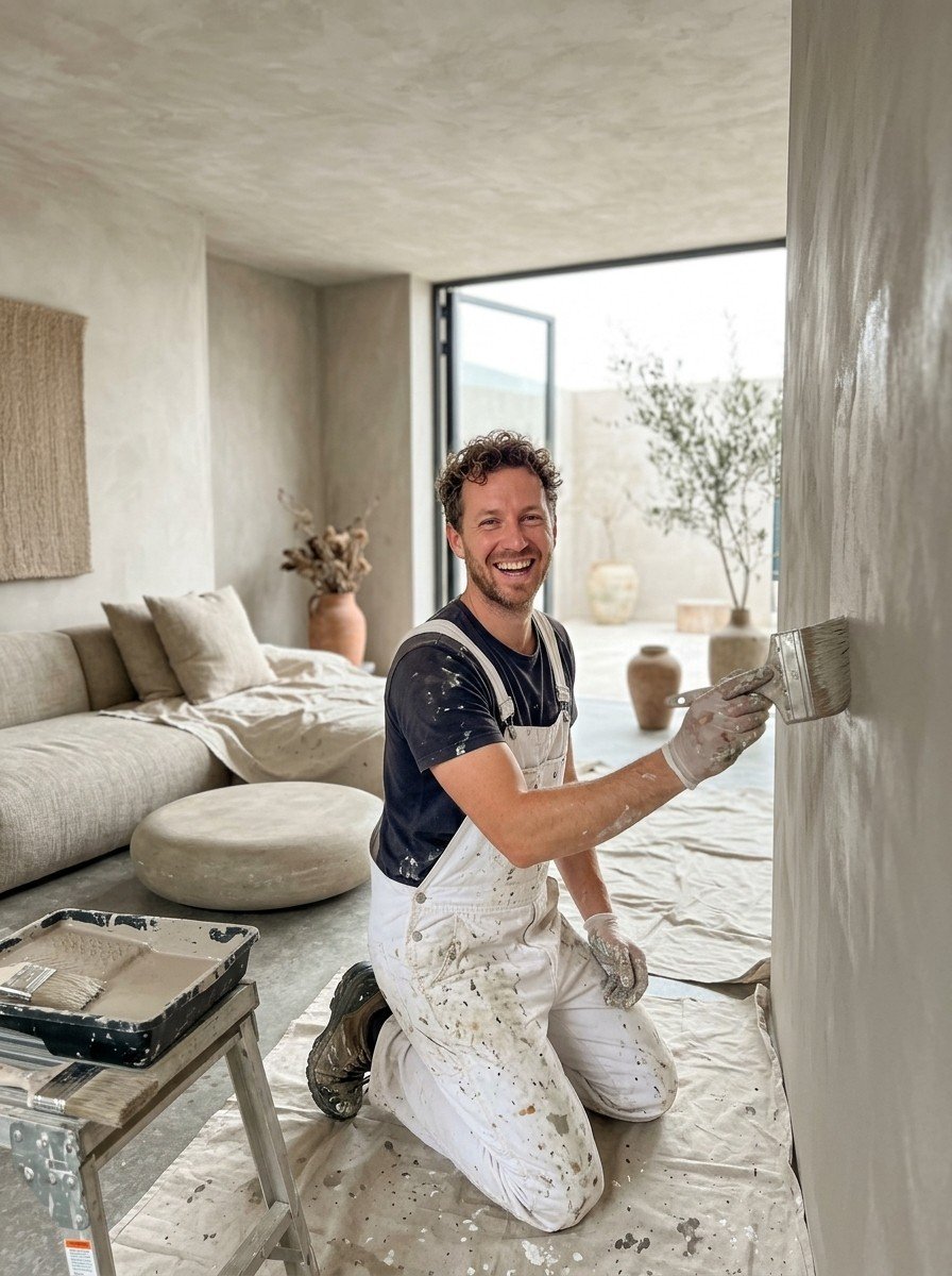Un pintor termina una pared en una vivienda reformada
